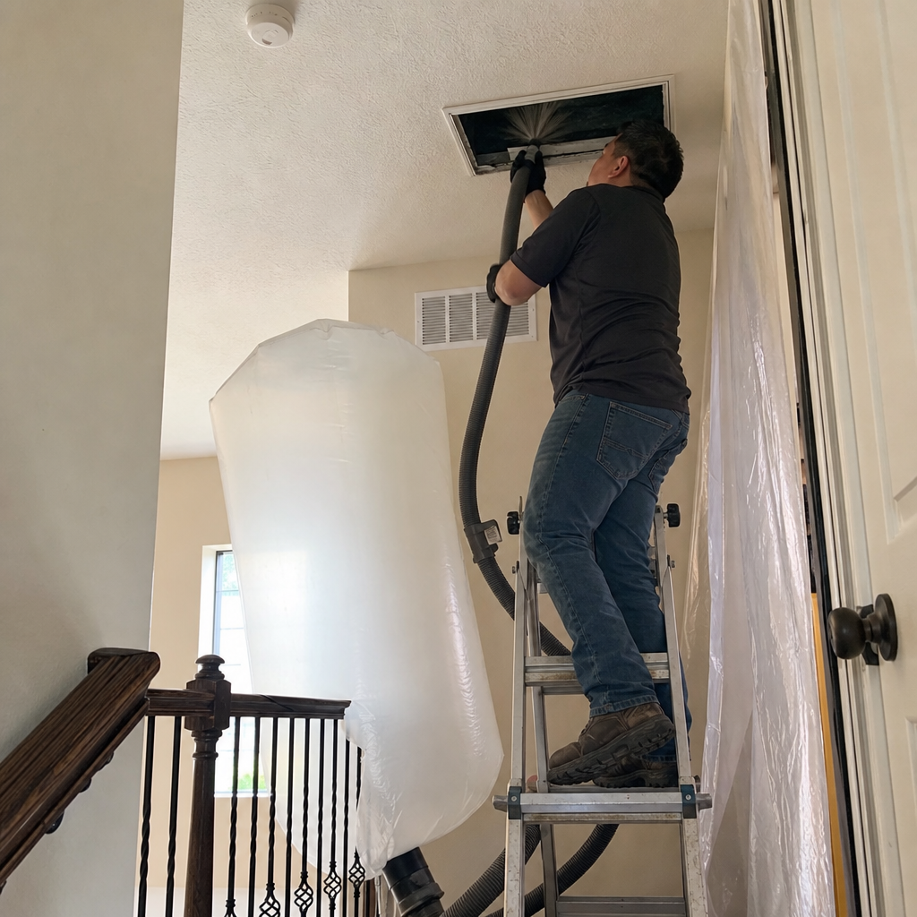 Technician using professional equipment for residential air duct cleaning