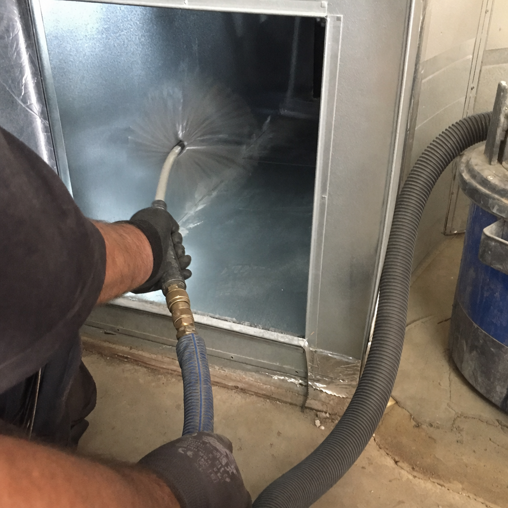 Professional technician performing air duct cleaning with a rotating brush tool