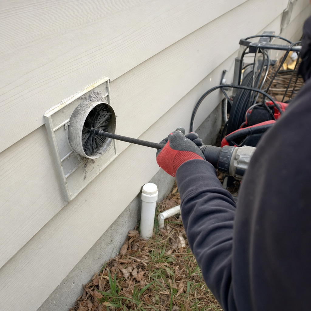 Technician using a rotating brush tool for professional dryer vent cleaning