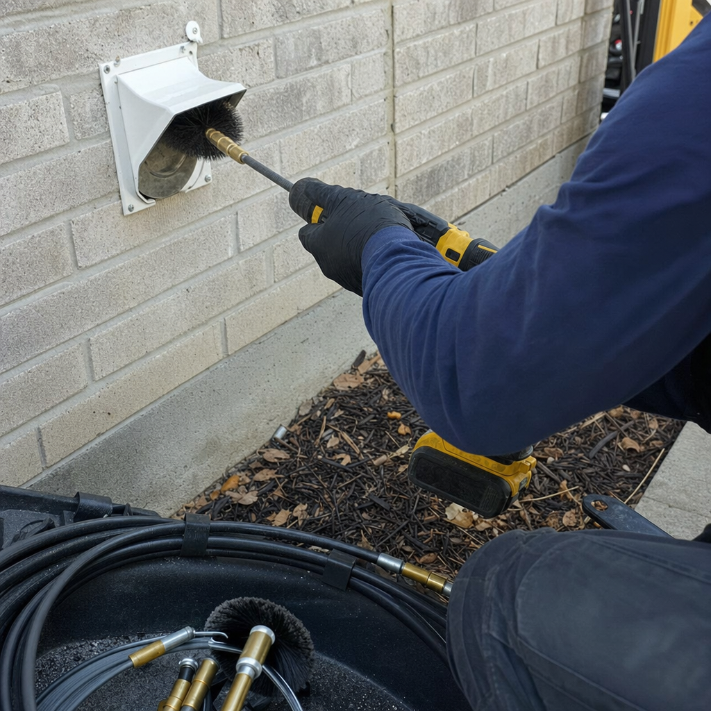 Technician using a rotary brush tool for professional dryer vent cleaning.