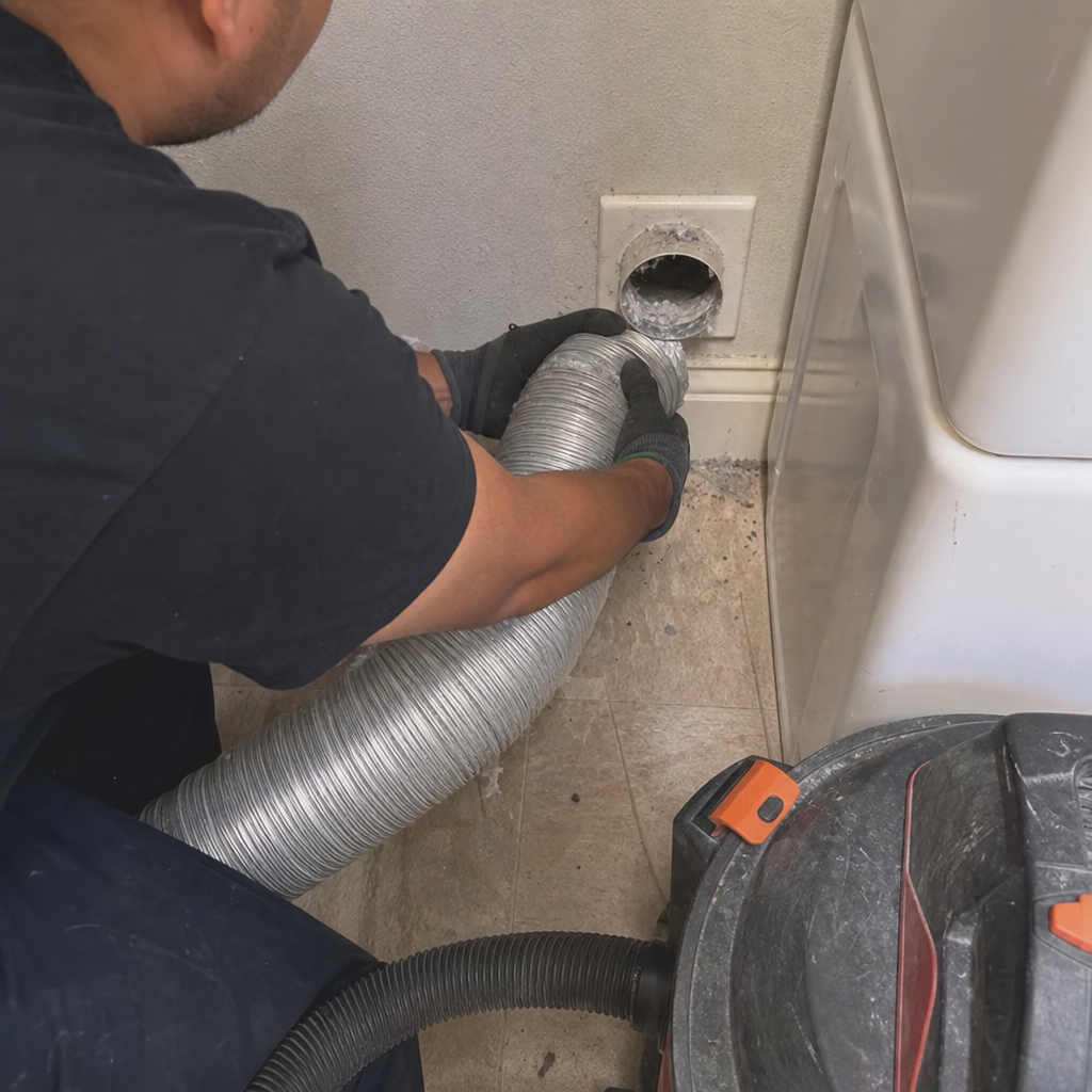 Technician performing professional dryer vent cleaning service