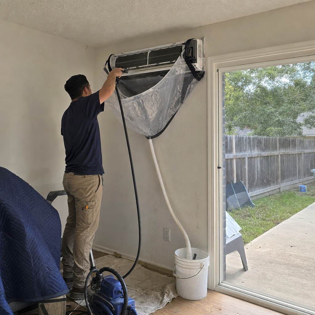 Technician performing professional mini-split HVAC system cleaning and maintenance