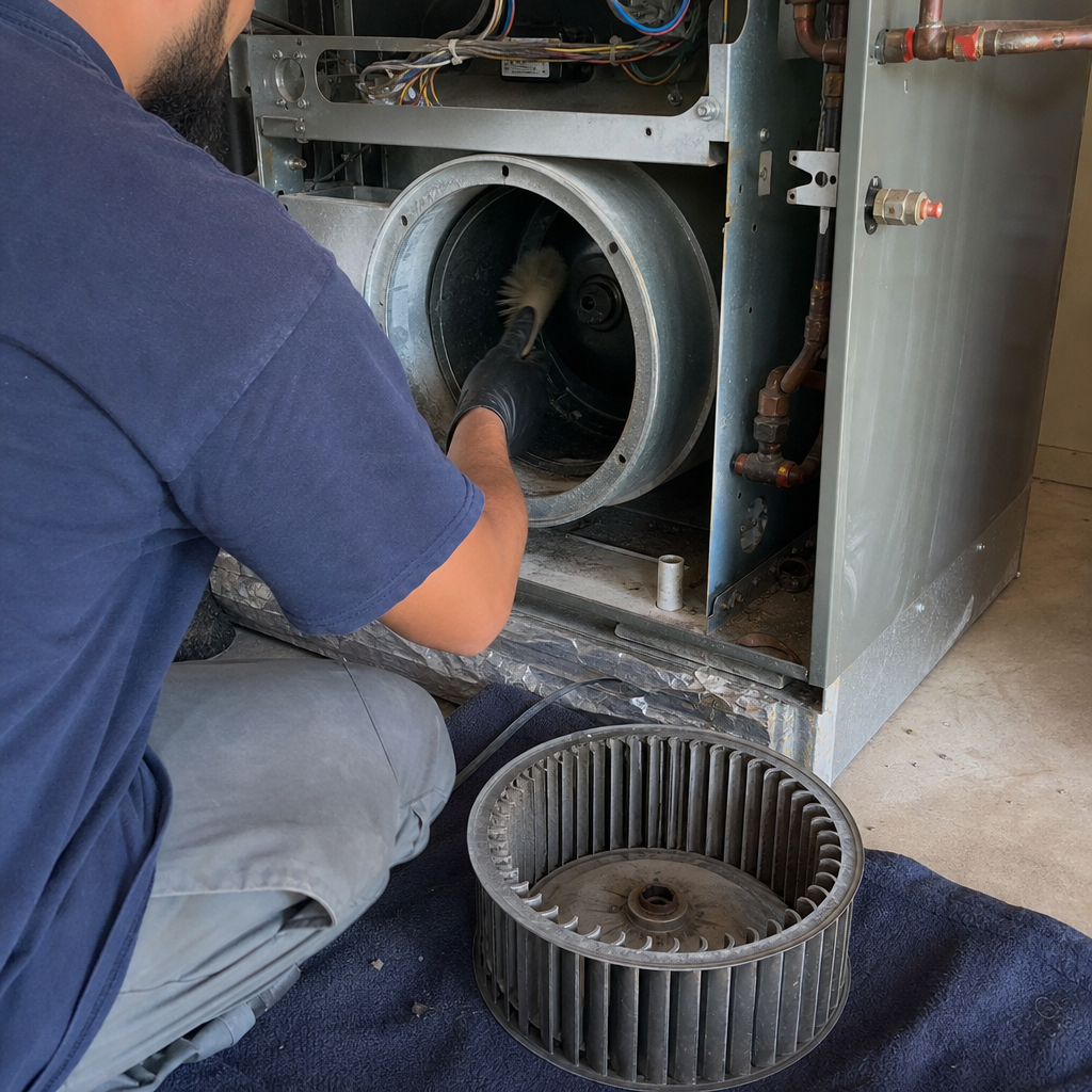 HVAC technician cleaning furnace blower housing