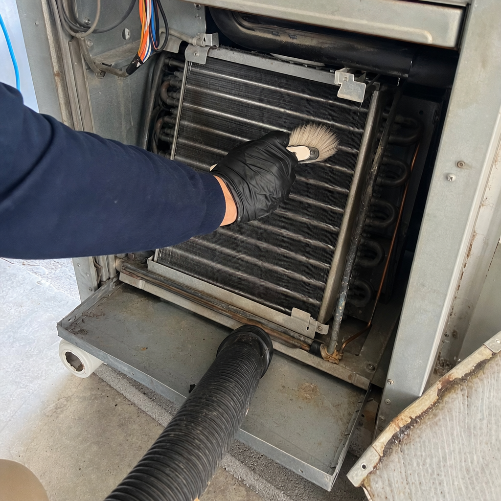 HVAC technician cleaning dusty air conditioner evaporator coil with brush and vacuum