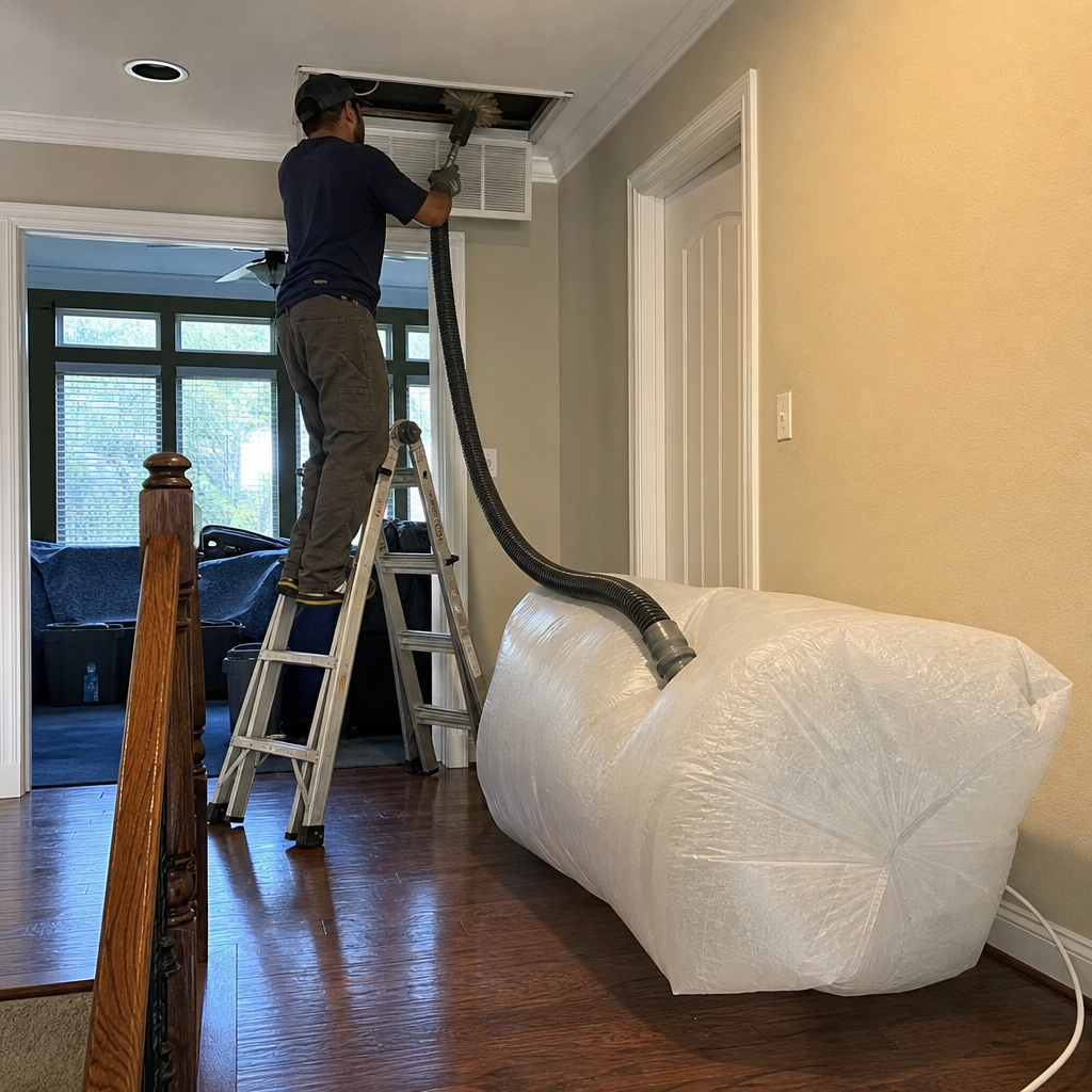 professional technician performing residential air duct cleaning service