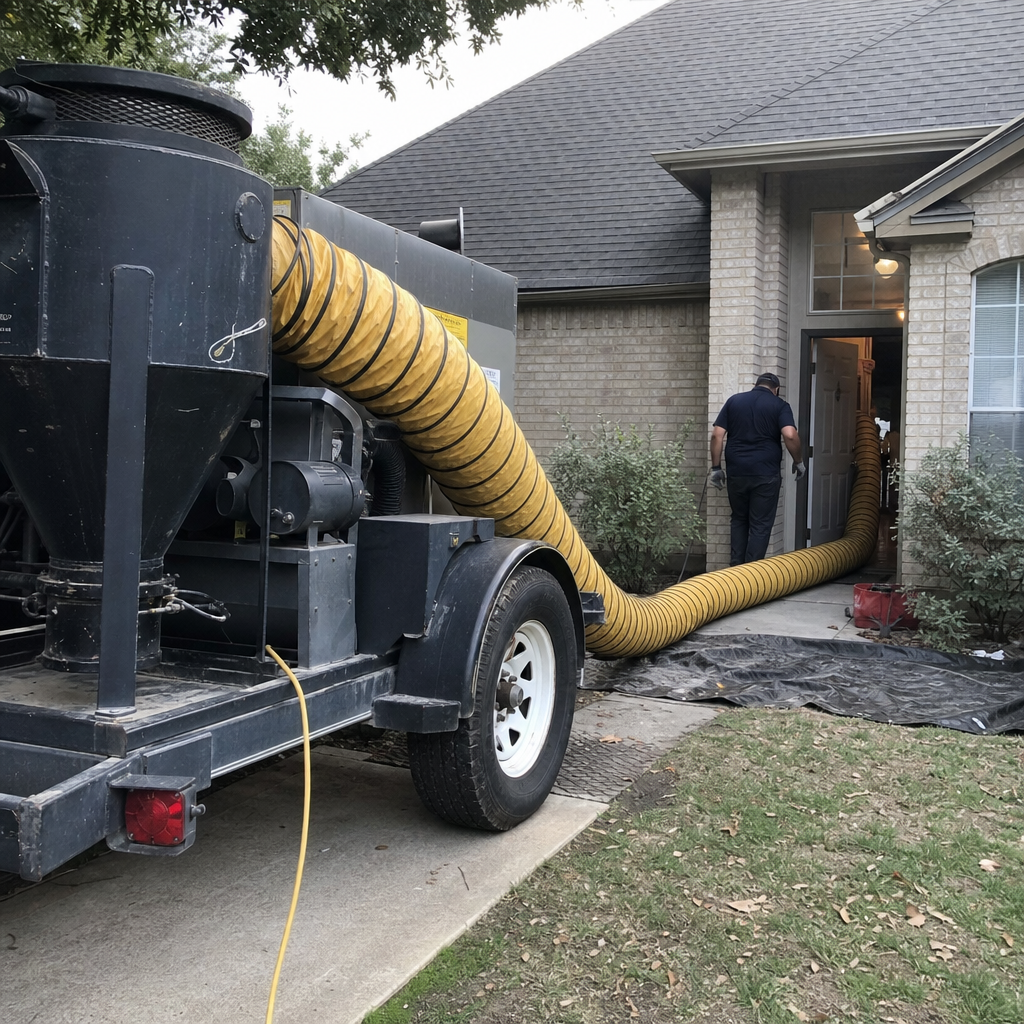 Technician using professional air duct cleaning machine for home ventilation system