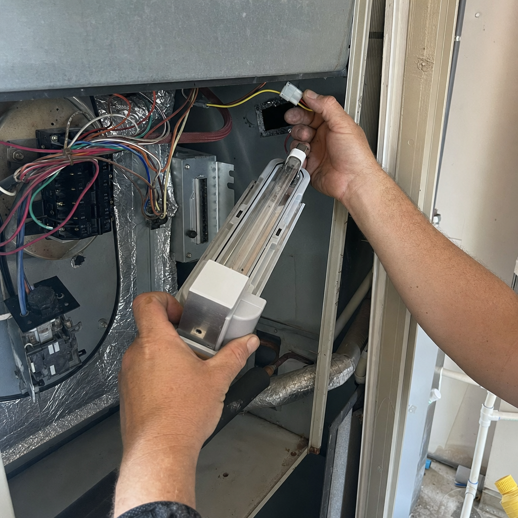 Technician installing HVAC UV germicidal light for air sanitization in Fort Worth, TX