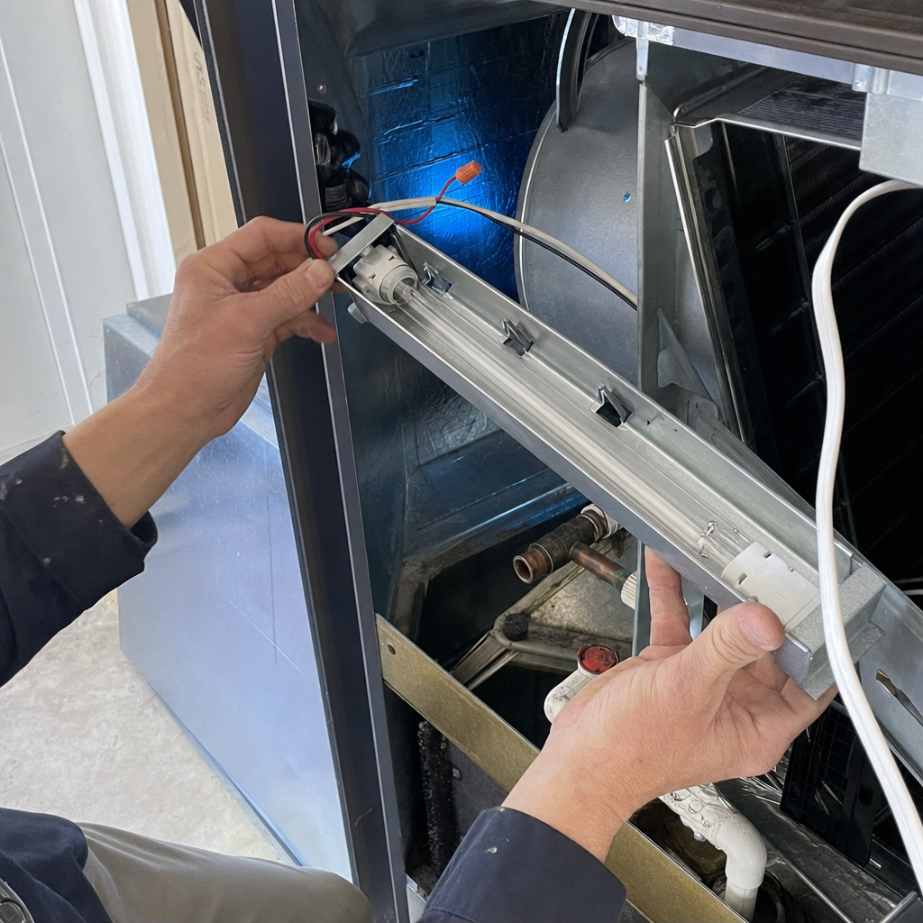 Technician installing HVAC UV light system for air quality and sanitization in Fort Worth, TX
