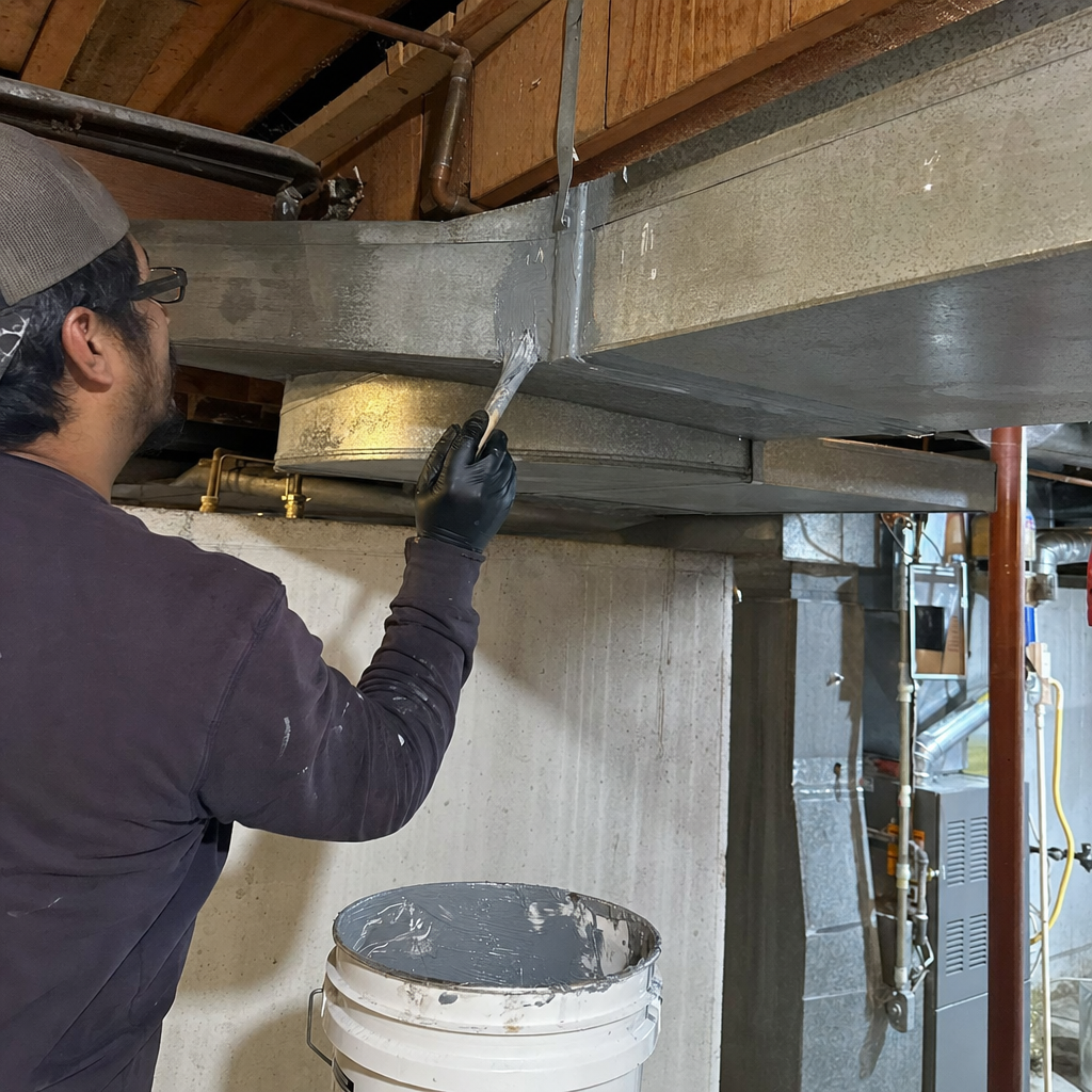 Technician applying mastic sealant to seal residential HVAC air duct seams. in Fort Worth, TX