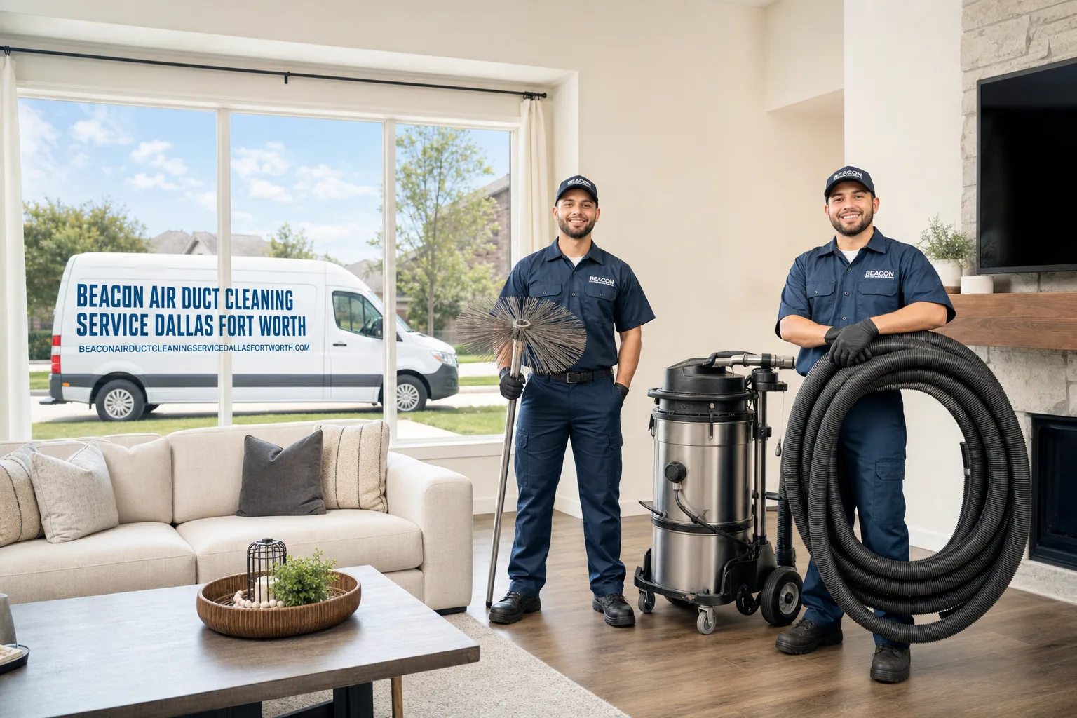 Beacon Air Duct Cleaning Service Dallas Fort Worth service vehicle and crew in Fort Worth, TX
