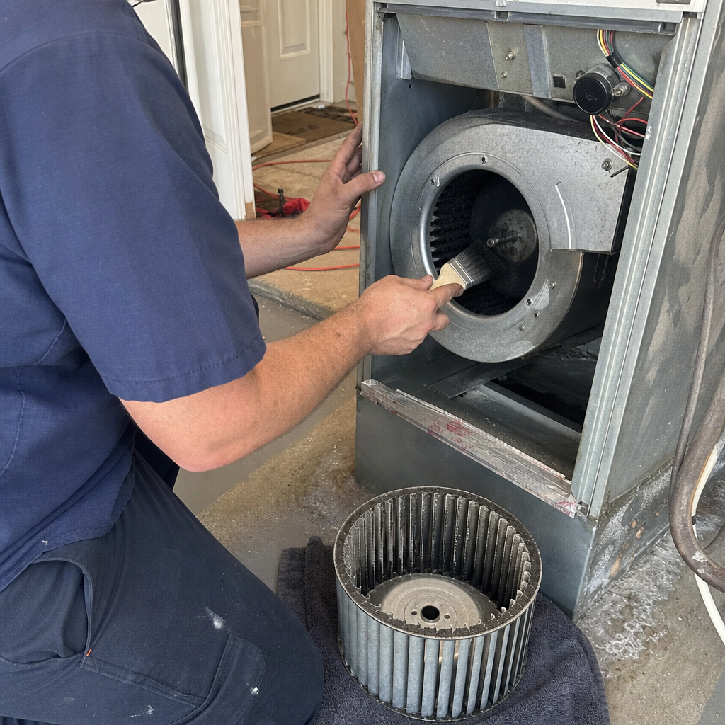 HVAC technician cleaning furnace blower fan assembly during professional maintenance service